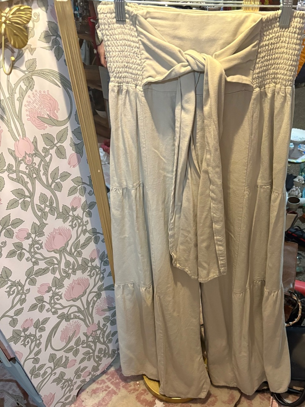 Source Unknown Beige Wide-Leg Tie Waist Jumpsuit Pants
